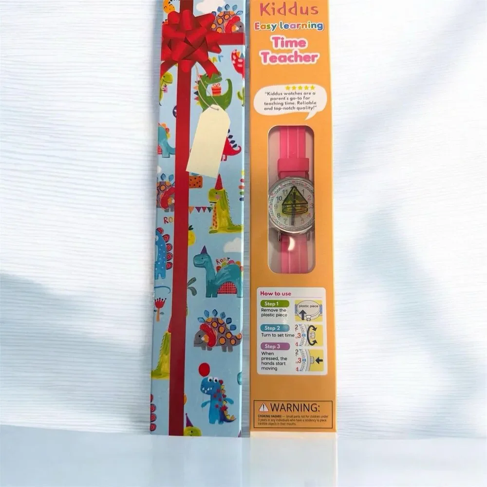 Kiddus Time Teacher Kids Analog Quartz Watch Pink Dinosaur 20m Box